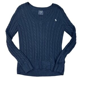 Abercrombie Sweater Womens Large Navy Cable Knit V Neck Preppy Y2K